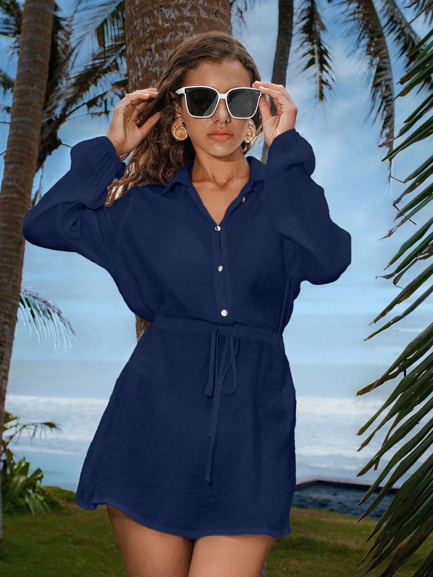 Women's Button Up Beach Cover Up Dress